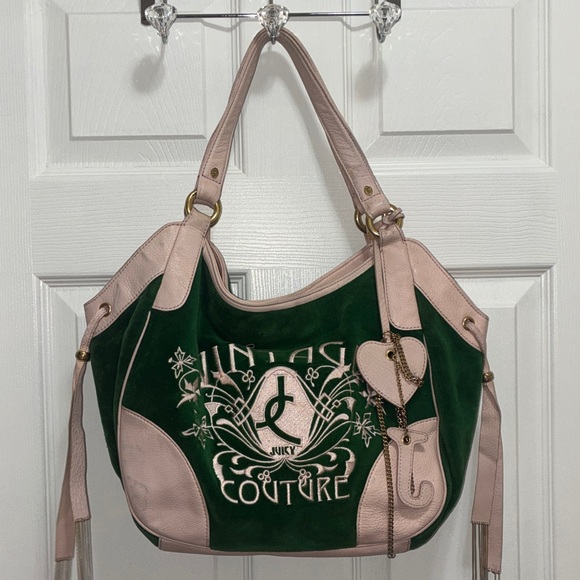 Y2K VINTAGE Juicy Couture Green PINK PLUSH VELOUR DAYDREAMER Shoulder Bag Purse - Picture 4 of 17